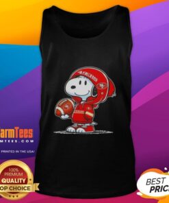 Snoopy in a 49ers hoodie smiles at fans, showcasing a fun tank top with Pretty Peanuts design.