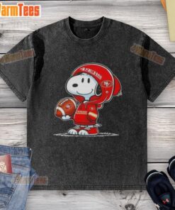 Alt Text: Snoopy in a hoodie smiling at fans, showcasing a San Francisco 49ers washed t-shirt, perfect for NFL fans.
