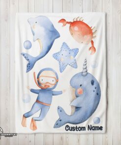 Pretty Sea's Treasures Narwhal Dolphin Crab Starfish Scuba Divers Blanket Fleece Customized Blanket