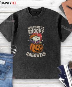 Alt Text: Pretty Snoopyween Welcome To Snoopy Halloween washed t-shirt featuring Snoopy in a festive Halloween design.