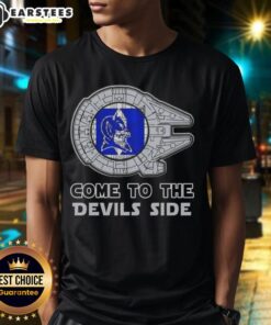 Alt Text: Pretty Star Wars Come To The Duke Blue Devils Side T-Shirt featuring iconic characters and team colors.