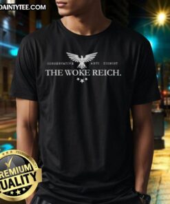Pretty The Woke Reich Conservative Anti-Zionist Logo T-Shirt featuring bold graphics and vibrant colors.