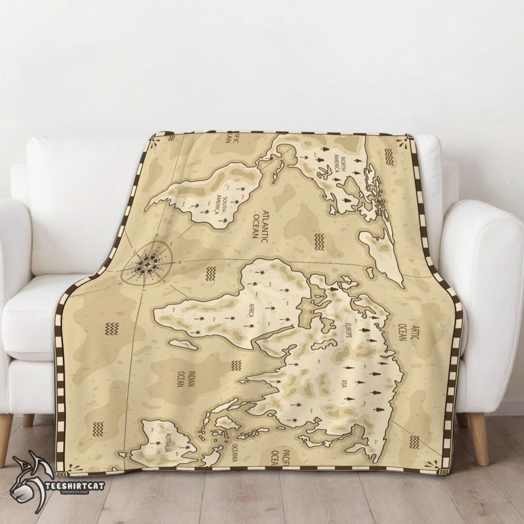 pretty-vintage-pirate-world-map-sepia-nautical-adventure-blanket-fleece-blanket-mk-01 Pretty Vintage Pirate World Map Sepia Nautical Adventure Blanket Fleece Blanket - Image 3