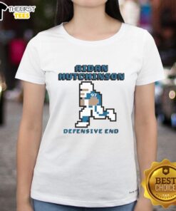 Top Aidan Hutchinson Detroit Lions Defensive End Pixel Ladies Tee featuring vibrant design and team colors.