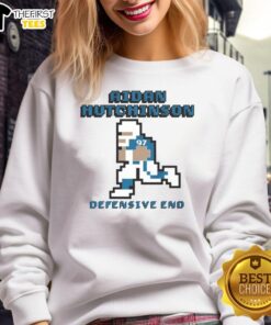 Top Aidan Hutchinson Detroit Lions Defensive End pixel sweatshirt featuring vibrant graphics and team colors.