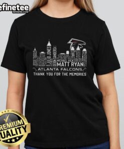 Top Atlanta Falcons Football 'Thank You For The Memories' Ladies Tee featuring player names and city skyline design.