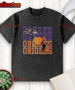 Top Baltimore Ravens NFL and Baltimore Orioles MLB sport lover washed t-shirt featuring team logos and vibrant colors.