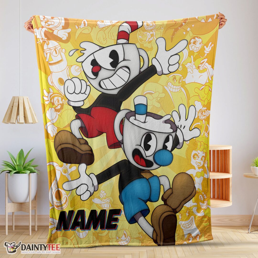 top-cuphead-and-mugman-crazy-cup-blanket-fleece-customized-blanket-mk-01 Top Cuphead And Mugman Crazy Cup Blanket Fleece Customized Blanket