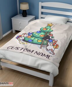 Top Cute Mice & Penguin Cartoon Christmas Tree Blanket Fleece Customized Blanket - Image 3