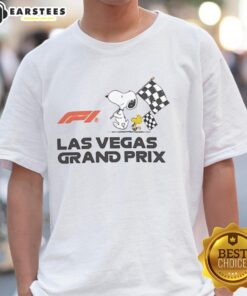 Alt Text: Top F1 Peanuts Las Vegas Grand Prix T-Shirt featuring iconic characters and vibrant design for racing fans.