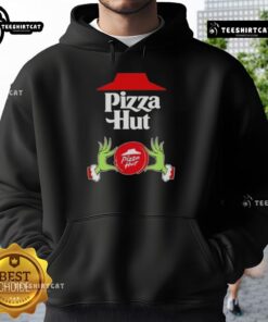 Top Grinch hands holding a pizza slice in a festive Pizza Hut Merry Christmas hoodie, perfect for holiday celebrations.