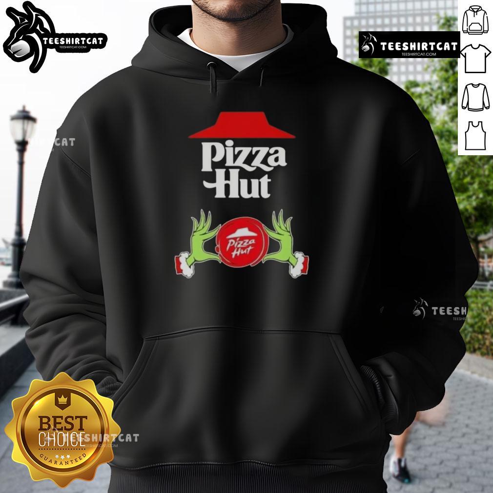 top-grinch-hands-love-pizza-hut-merry-christmas-hoodie Top Grinch hands holding a pizza slice in a festive Pizza Hut Merry Christmas hoodie, perfect for holiday celebrations.