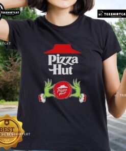 Top Grinch hands holding a pizza from Pizza Hut, perfect for a Merry Christmas ladies tee design.