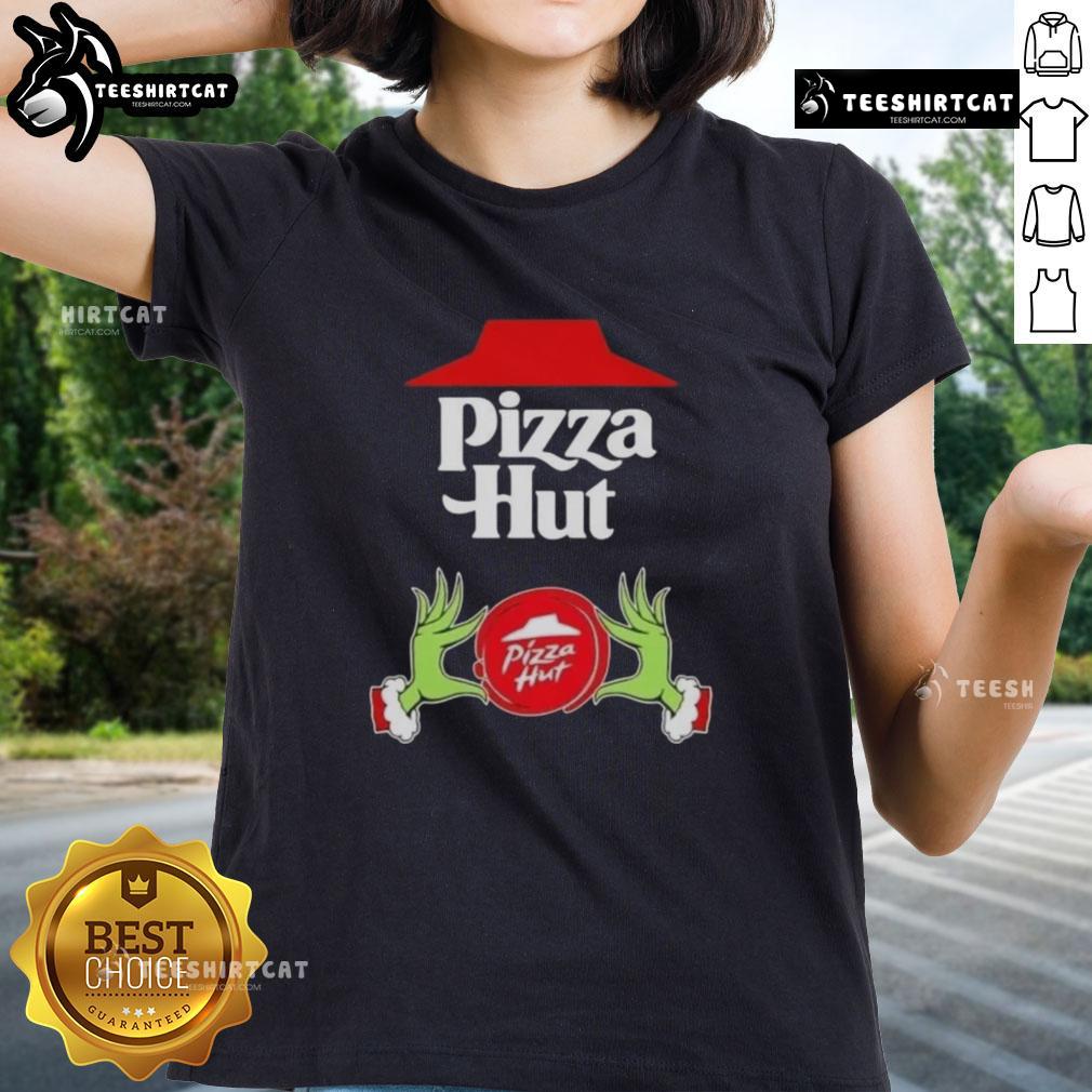 top-grinch-hands-love-pizza-hut-merry-christmas-ladies-tee Top Grinch hands holding a pizza from Pizza Hut, perfect for a Merry Christmas ladies tee design.