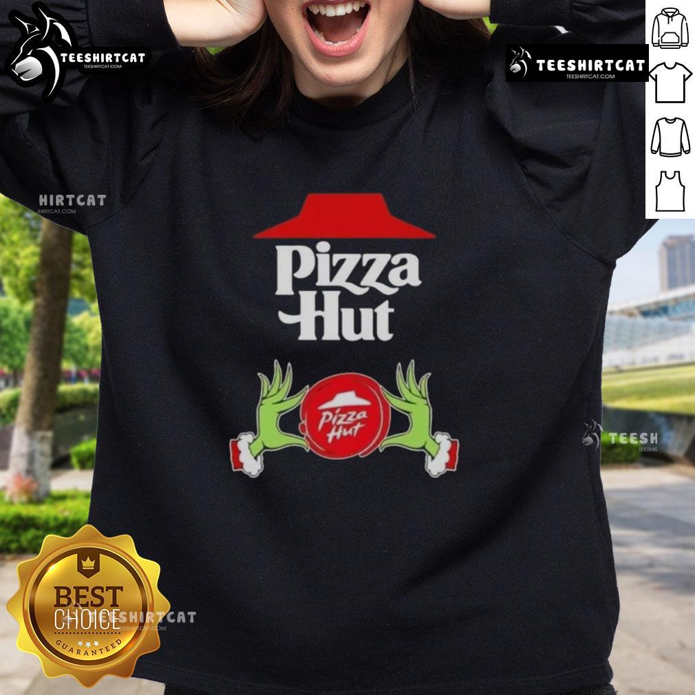 top-grinch-hands-love-pizza-hut-merry-christmas-sweatshirt Top Grinch hands holding a pizza slice on a Merry Christmas Sweatshirt from Pizza Hut, perfect for festive celebrations.