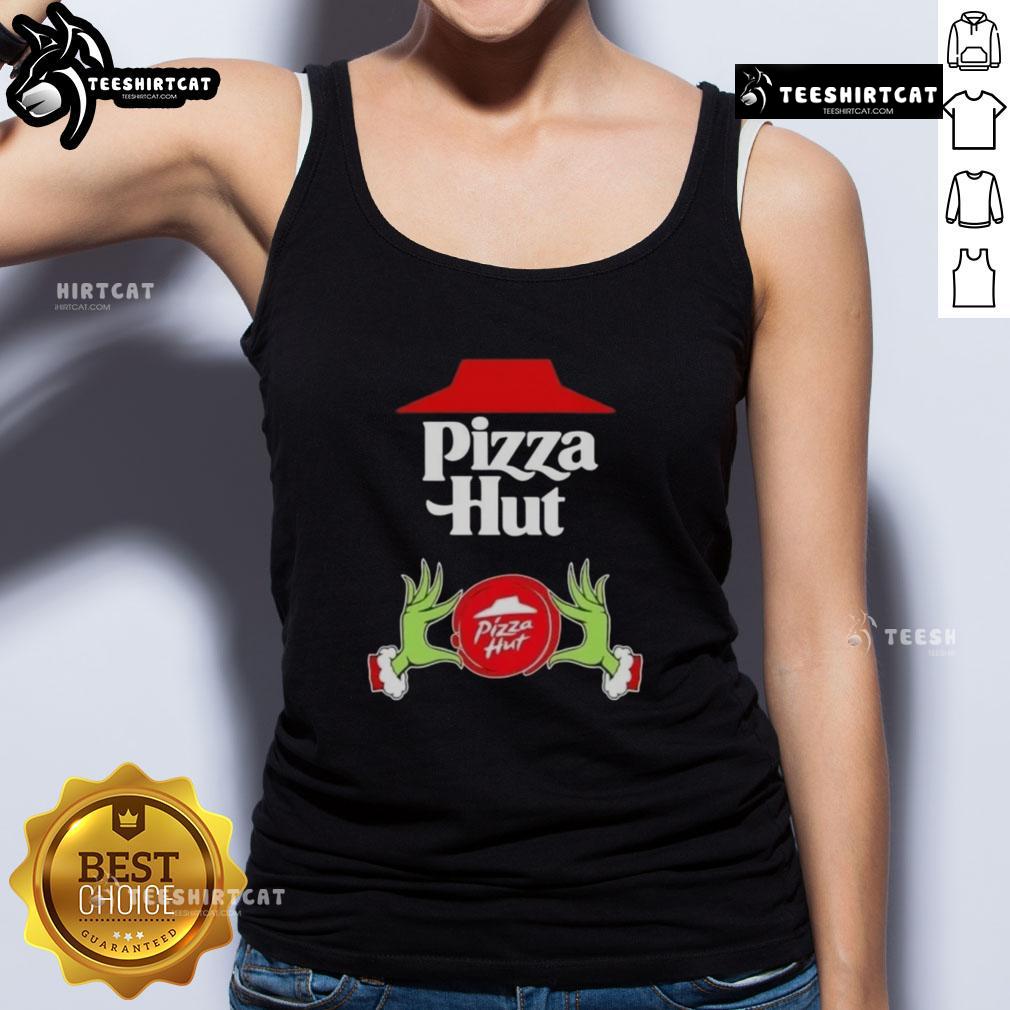 top-grinch-hands-love-pizza-hut-merry-christmas-tank-top Top Grinch hands holding a pizza slice in a festive Pizza Hut tank top for Merry Christmas celebration.