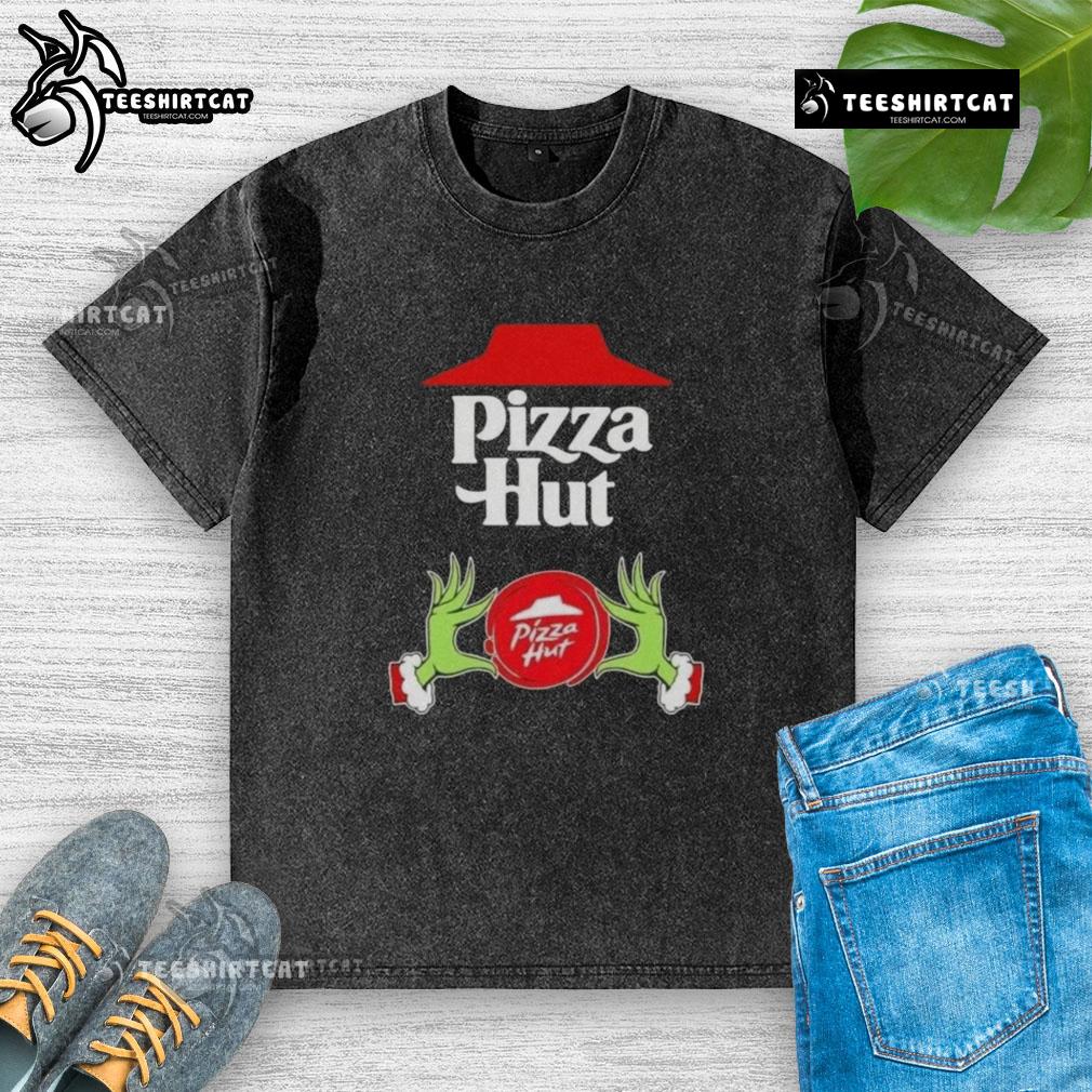 top-grinch-hands-love-pizza-hut-merry-christmas-washed-t-shirt Top Grinch hands holding a pizza, wearing a Merry Christmas Pizza Hut washed t-shirt, festive holiday spirit.