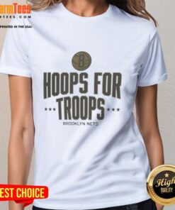 Alt Text: Top Hoops for Troops Brooklyn Nets basketball ladies tee showcasing team spirit and style for female fans.