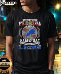 Alt Text: Top I May Live In Florida But On Game Day Detroit Lions Football T-Shirt - perfect for Lions fans in Florida.