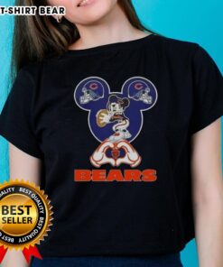 Alt Text: Chicago Bears football ladies tee featuring top Mickey hands forming a heart design, perfect for fans.
