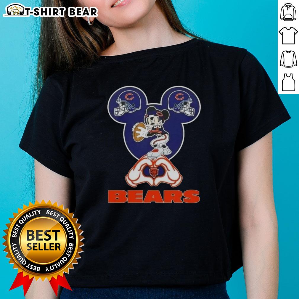 Top Mickey Hands Heart Chicago Bears Football Ladies Tee Alt Text: Chicago Bears football ladies tee featuring top Mickey hands forming a heart design, perfect for fans.