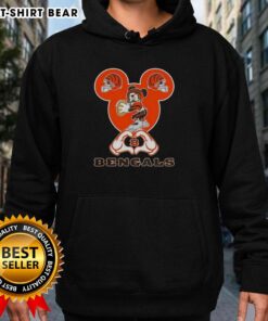 Cincinnati Bengals football hoodie featuring top Mickey hands forming a heart shape, perfect for fans.