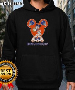 Denver Broncos football hoodie featuring top Mickey hands making a heart shape, perfect for fans and stylish wear.