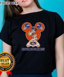 Alt Text: Denver Broncos football ladies tee featuring top Mickey hands making a heart shape, perfect for fans.