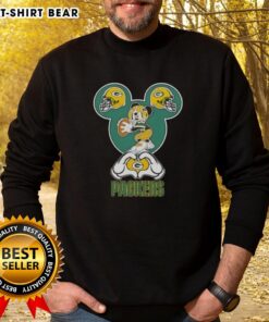 Alt Text: Green Bay Packers sweatshirt featuring top Mickey hands forming a heart, perfect for football fans.