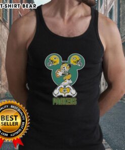 Alt Text: Top Mickey Hands Heart Green Bay Packers Football Tank Top featuring a playful design for fans.