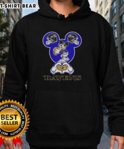 Alt Text: Baltimore Ravens football hoodie featuring top Mickey hands forming a heart, perfect for fans and cozy wear.