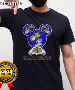 Alt Text: Top Mickey hands forming a heart on a Baltimore Ravens football T-shirt design, perfect for fans and love of the game.