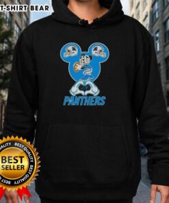 Alt Text: Carolina Panthers football hoodie featuring top Mickey hands forming a heart, perfect for fans showing love.