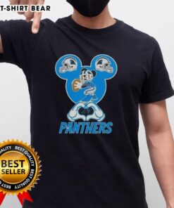 Top Mickey Hands Heart Love graphic on Carolina Panthers Football T-Shirt, perfect for fans and Disney lovers.