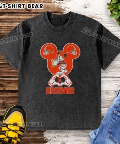 Top Mickey hands forming a heart, Cleveland Browns football washed t-shirt design, perfect for fans and casual wear.