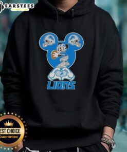 Alt Text: Top Mickey Hands Heart Love Detroit Lions Football Hoodie featuring a playful design for fans.