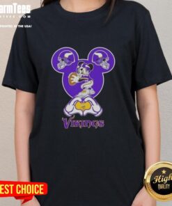 Top Mickey hands forming a heart with Minnesota Vikings logo on a ladies tee, perfect for football fans.