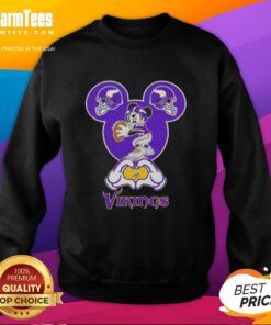 Alt Text: Minnesota Vikings football sweatshirt featuring top Mickey hands forming a heart, perfect for fans and cozy wear.