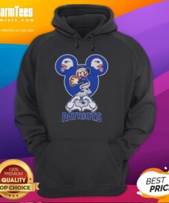Alt Text: Top Mickey hands forming a heart on New England Patriots football hoodie, perfect for fans and stylish wear.