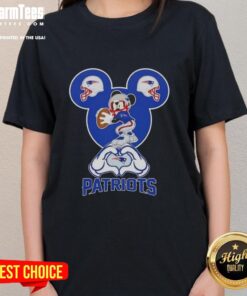 Top Mickey Hands Heart Love New England Patriots Football Ladies Tee design featuring a heart symbol and team logo.