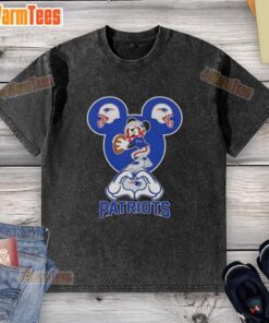 Top Mickey Hands Heart Love design on a New England Patriots football washed t-shirt for fans and style enthusiasts.