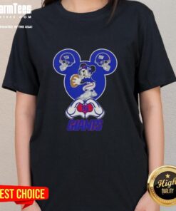 Alt Text: Top Mickey hands forming a heart, featuring New York Giants logo on a ladies tee shirt for football fans.