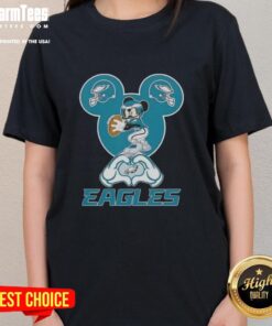 Philadelphia Eagles ladies tee featuring top Mickey hands forming a heart, perfect for football fans and love celebrations.