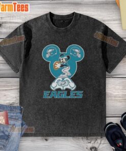 Alt Text: Top Mickey Hands Heart Love Philadelphia Eagles Football Washed T-Shirt, perfect for fans celebrating their team spirit.