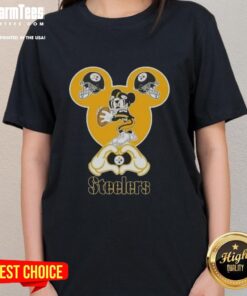 Alt Text: Pittsburgh Steelers ladies tee featuring top Mickey hands forming a heart, perfect for football fans.