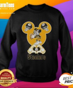 Top Mickey hands forming a heart on a love Pittsburgh Steelers football sweatshirt in vibrant colors.
