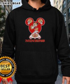 Top Mickey Hands Heart Love San Francisco 49ers Football Hoodie showcasing a playful design for fans.