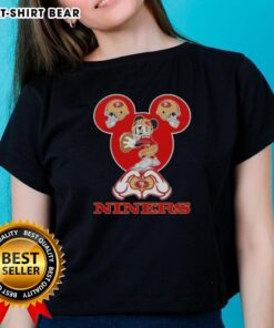 Top Mickey hands forming a heart on a San Francisco 49ers football ladies tee, perfect for fans and stylish supporters.