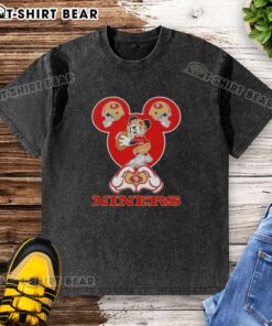 San Francisco 49ers football washed t-shirt featuring Mickey hands making a heart shape, perfect for fans and collectors.