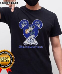 Top Mickey Hands Heart Love Seattle Seahawks Football T-Shirt design featuring playful Mickey Mouse hands in a heart shape.